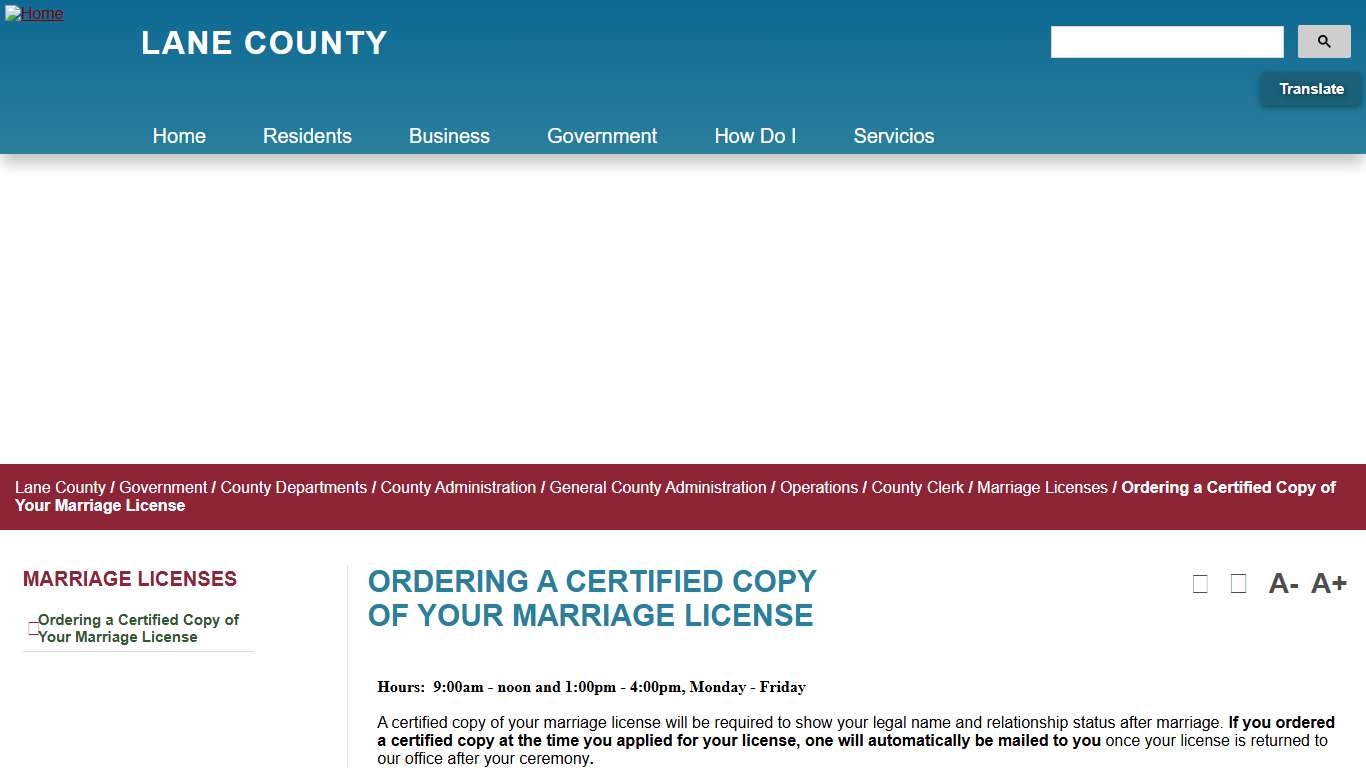Ordering a Certified Copy of Your Marriage License - Lane County